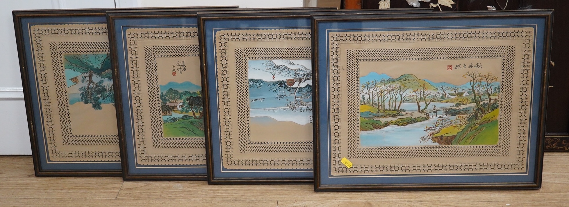 Chinese school, set of four watercolour and gouaches on punched leather, The Four Seasons, signed with character marks and red seal mark, 30 x 40cm. Condition - good